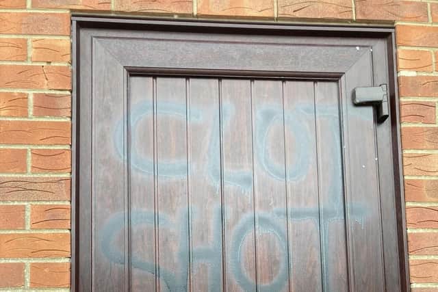 The anti-vax graffiti at Trusthorpe village hall.