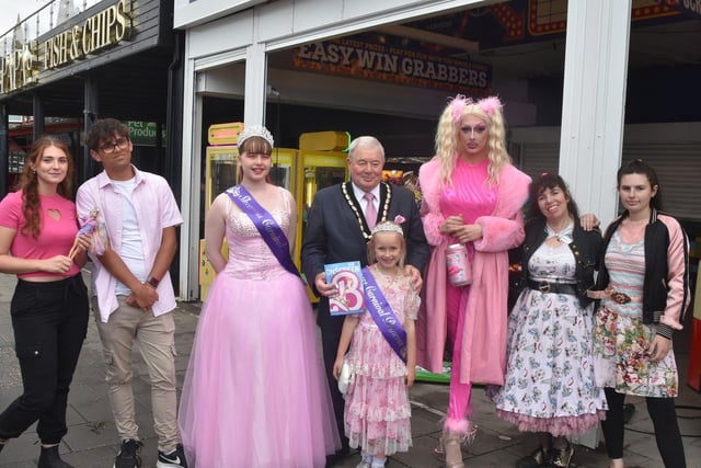 Guests at the UK release of the Barbie movie at the Tower Cinema, Skegness,  with teen spirit marketing team (left) Theo Griffiths and Georgie Harkus.