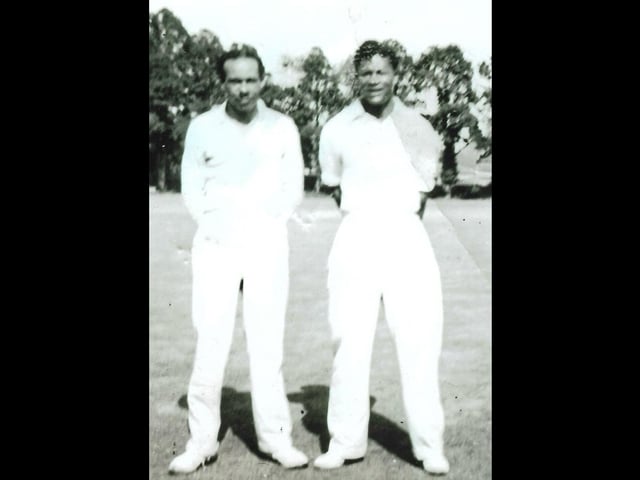 Ralph (right) with his friend Roy March, who together dismissed Wainfleet for three runs on one occasion.