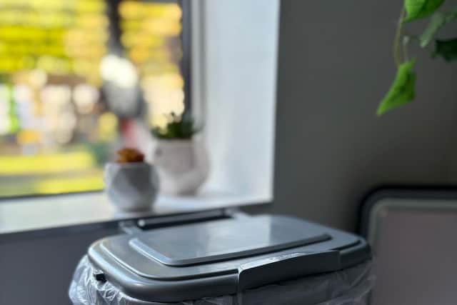 Indoor food waste caddy shown with a liner in place — perfect for collecting kitchen scraps cleanly and conveniently before transferring to the outdoor bin.