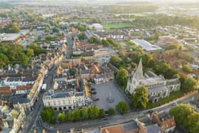 An aerial view of Sleaford town centre, including the Market Place