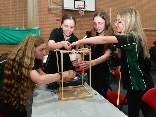 Gently does it... L-R Millie Barker 13, Eleanor Slack 13, Eva Wilson 13, Phoebe Wooster 13 of Kesteven and Sleaford High School