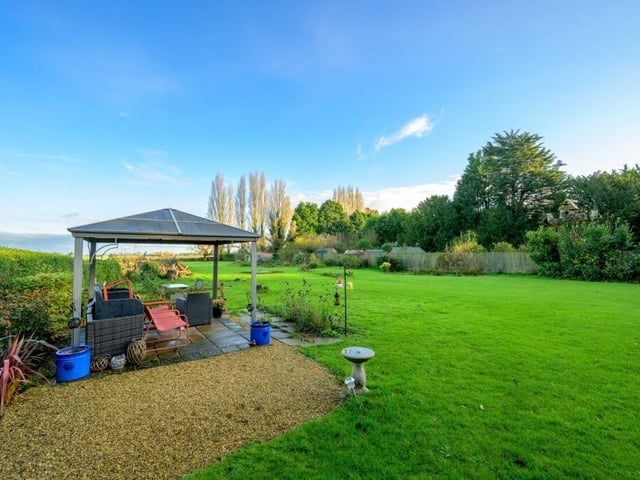 A paved area with pergola in the garden.
