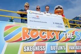 A £1,000 cheque was presented to the Skegness RNLI, received by Mairi Perry, Fundraising Chair, Paul Simpson, Lifeboat Operations Manager, and their mascot Stormy Stan.