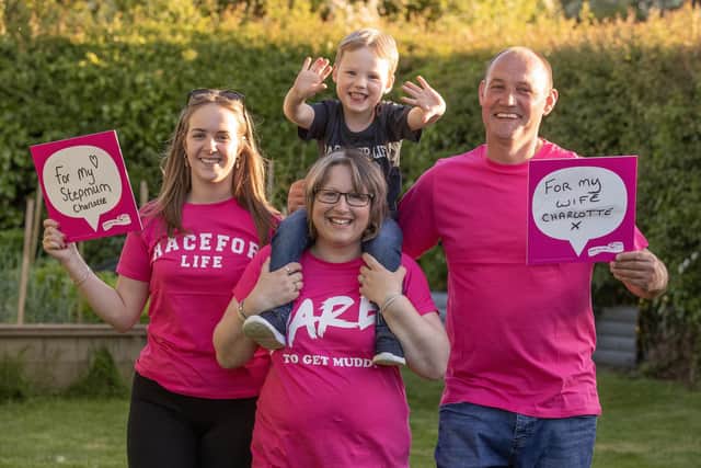 Charlotte Graves (centre) with step-daughter Shannon (left), son Charlie, 4, and husband Paul