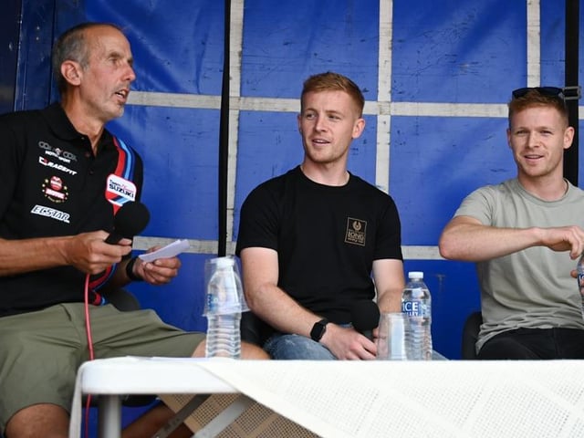 Richard Steadman (left) interviews Tim and Tom Neave from Saxby in Lincolnshire. National Superstock and British Super Bike winners.