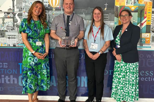 Silver Winner - Jak Names from left to right: Joanne Sharples (Headteacher), Jak Kirkman, Aime Barnes-Ford (Sponsor) and Michelle Dales (Operations Director at Infinity Academies Trust)