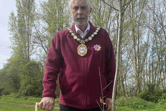 NKDC chairman Coun Mike Clarke plants an oak tree on North Hykeham's Millennium Green as the first of 50 to be planted in the authority's 50th year.