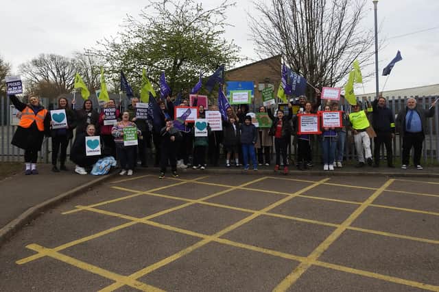 Union members from Unison and NASUWT picket outside Our Lady of Good Counsel RC School, including NASUWT national president Wayne Broom.