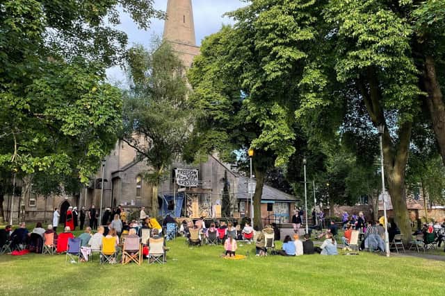 Families gathered on the lawn outside of the Trinity Arts Centre in Gainsborough