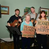 Campaigners at The Priory Hotel in Louth, learning a song 'A Message to you, Rishi'. Front left: Tamsin Hunkin, Amada Suddaby and Mathilda Dennis with musicians Brad and Jim.