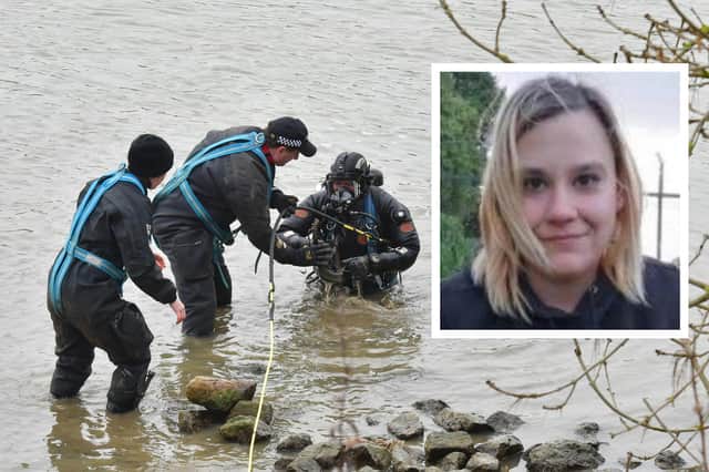 Police underwater search teams search the Witham at Witham Way Country Park in Boston back in March, where the remains of Ilona Golabek (inset) were found.