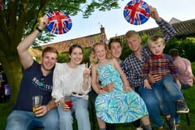 Coronation party at Wellingore. L-R Lewis Stevenson, Kateryna Shevchnko, Amy Brook, Elsa Brook-Stevenson 7, James Stevenson, Isaac Brook-Stevenson 3