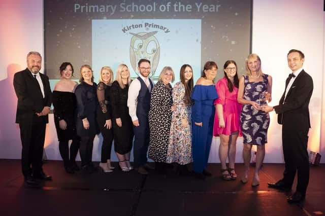 Kirton Primary School, led by headteacher Nicky Donley, collecting one of its three honours at the Education Today School and Supplier Awards 2022. Picture: Education Today