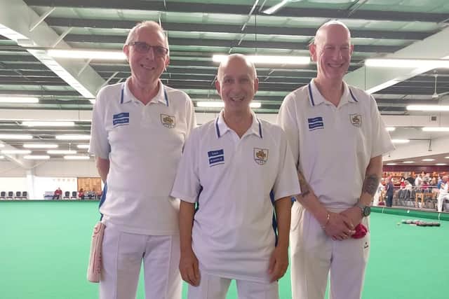 ​The Over 50s National Triples team of Phil Boulton, Paul Bark and Mark Burn.