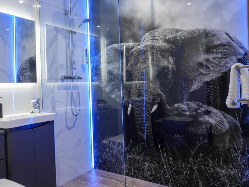 A bathroom with a black and white shower wall featuring elephants