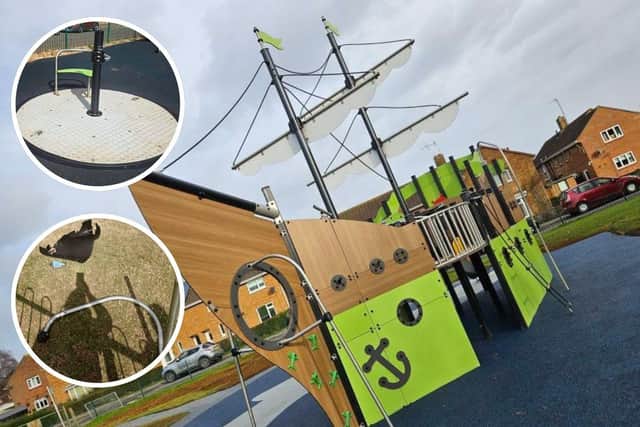 Insets: The broken handrail and litter left at Spilsby play park. Main image: The ship-themed play equipment, which has also been targeted by vandals since being installed.