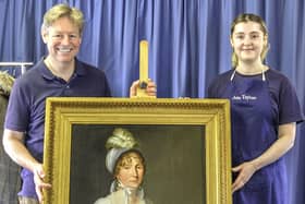 James and Georgia Lavarack with the painting of Maria Anna, Countess Palatine of Zweibrucken-Birkenfeld-Bischweiler, Duchess of Bavaria.