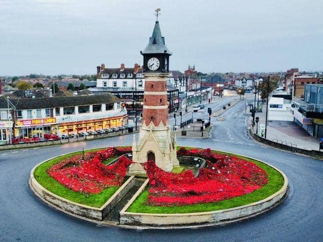 A drone image of the Clock Tower poppy display in Skegness. Photo: John Byford.