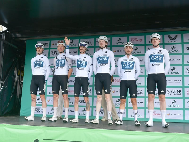 Eighteen teams took part in all. Pictured are members of the APS Pro Cycling Team by Team Cadence Cyclery being introduced to the crowd.
