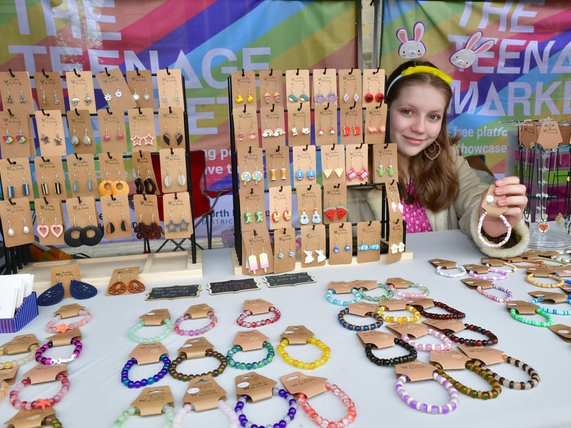 Teenage Market trader Brooke Fitzpatrick, 13, with her stall, Jewellery By Brooke. Photo: David Dawson