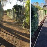 Before and after photographs of the School Lane footpath in Coningsby.