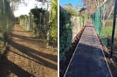Before and after photographs of the School Lane footpath in Coningsby.