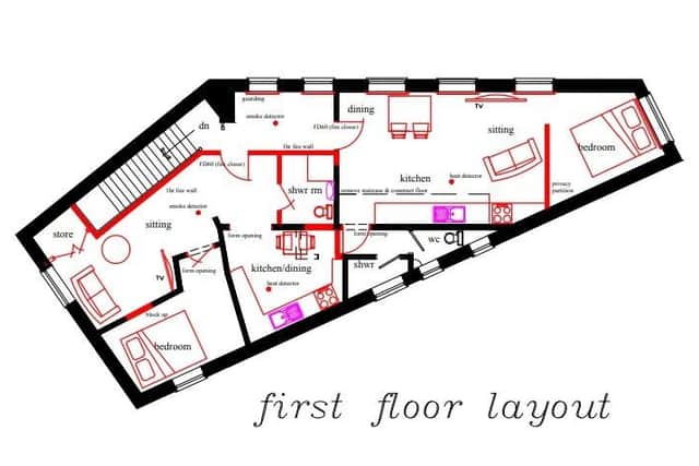 The proposed layout of the two apartments above Tate's Fish Restaurant in Boston.