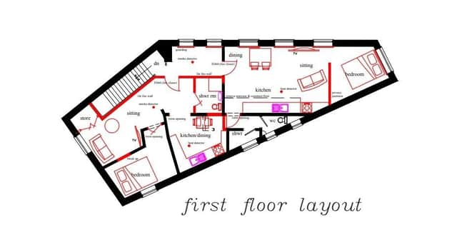 The proposed layout of the two apartments above Tate's Fish Restaurant in Boston.