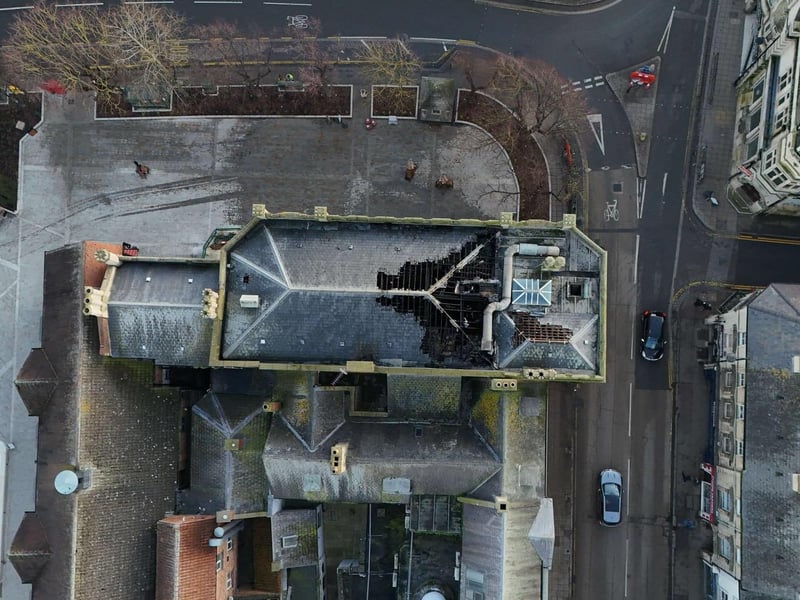An overhead view of the damage done to the roof of the Sessions House building in Sleaford Market Place. Photo: Scott Burton