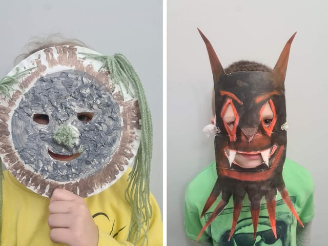 Two of the masks made by Lithuanian children in Boston for the upcoming festival.