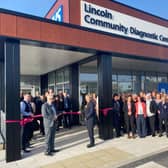 The Right Worshipful the Mayor of Lincoln, Councillor Alan Briggs, cutting the ribbon for the Community Diagnostic Centre with Professor Karen Dunderdale, Chief Executive for Lincolnshire Community and Hospitals Group.