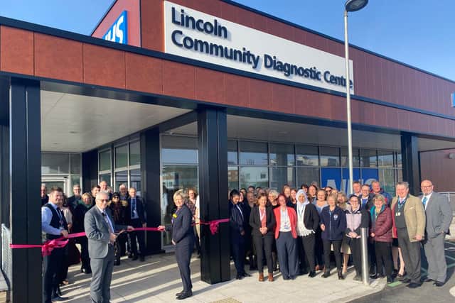 The Right Worshipful the Mayor of Lincoln, Councillor Alan Briggs, cutting the ribbon for the Community Diagnostic Centre with Professor Karen Dunderdale, Chief Executive for Lincolnshire Community and Hospitals Group.