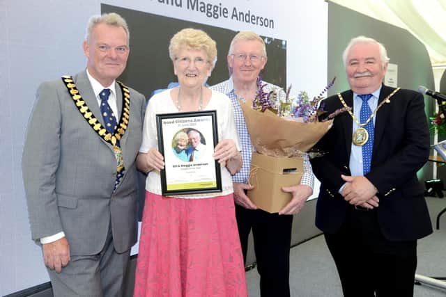 Bill and Maggie Anderson with county council chairman, Coun Robert Reid (left) and vice-chairman Cllr Eddie Strengiel.
