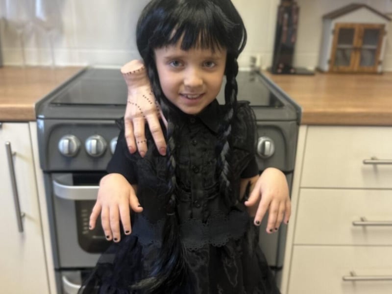 Bella-Pearl Page, aged seven, dressed up for World Book Day as Wednesday Adams, all set to attend William Alvey School in Sleaford.