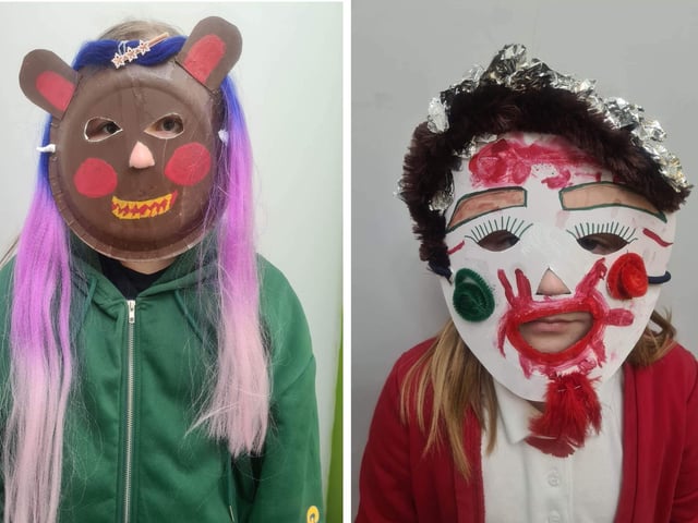 Two of the masks made by Lithuanian children in Boston for the upcoming festival.