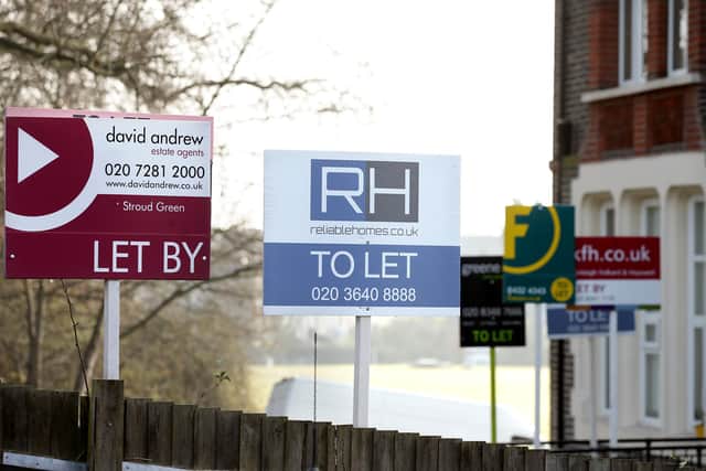EMBARGOED TO 0001 THURSDAY AUGUST 10 File photo dated 03/04/16 of estate agent signs placed outside homes, as rents are likely to continue rising sharply despite the cost-of-living crisis, surveyors are warning.