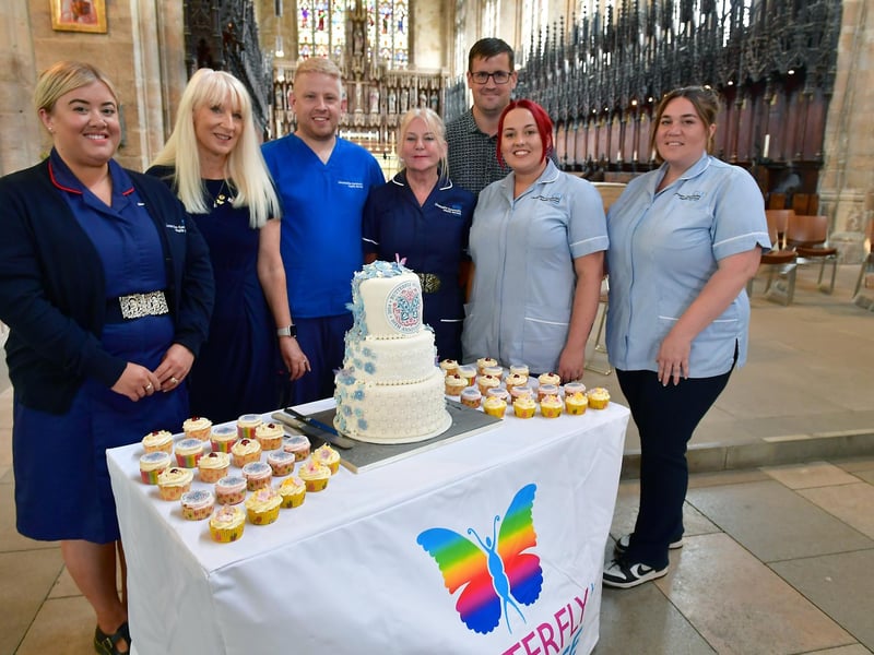 Butterfly Hospice staff L-R Holly Watson, Bridget Macpherson - chief executive, Luke Smith, Diana Hockley, Lee Pierce, Kim Vamplew and Rebecca Benton.
