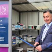 Coun Danny Brookes, executive member for environment at Lincolnshire County Council, officially opens the county's third Community RePaint store at Tattershall Household Recycling Centre. Photo: LCC