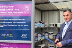 Coun Danny Brookes, executive member for environment at Lincolnshire County Council, officially opens the county's third Community RePaint store at Tattershall Household Recycling Centre. Photo: LCC