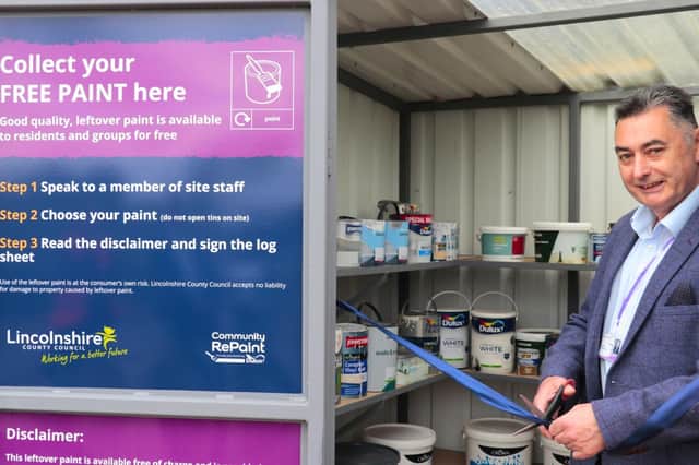 Coun Danny Brookes, executive member for environment at Lincolnshire County Council, officially opens the county's third Community RePaint store at Tattershall Household Recycling Centre. Photo: LCC