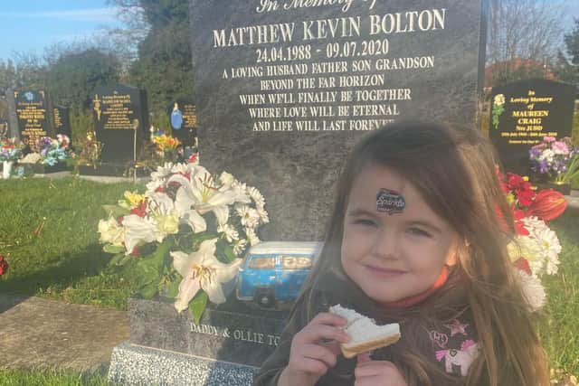 Beau Bolton visits her dad's grave in Harworth Cemetery.