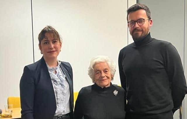 Victoria Atkins with Vera Schaufeld MBE and Smajo Beso OBE.