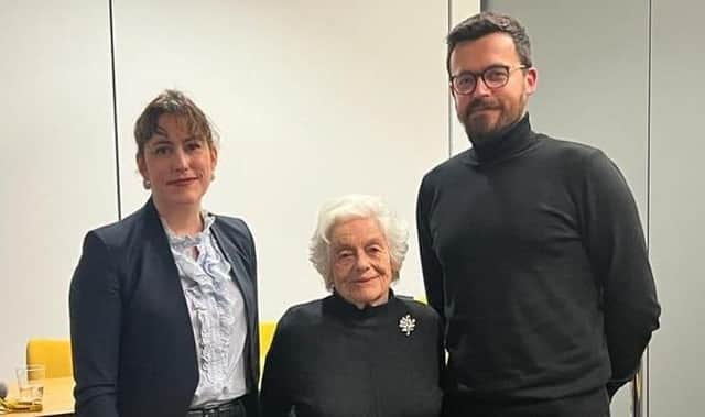 Victoria Atkins with Vera Schaufeld MBE and Smajo Beso OBE.