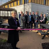 Professor Karen Dunderdale officially opening the garden with colleagues and representatives from SPA Landscaping and Boston Woods Trust