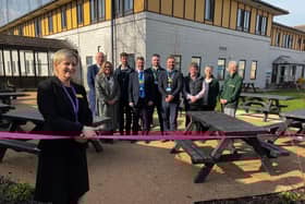 Professor Karen Dunderdale officially opening the garden with colleagues and representatives from SPA Landscaping and Boston Woods Trust