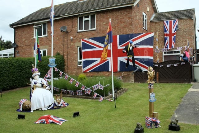 David and Denise's garden display for the scarecrow competition - featuring the Queen, Boris and more.