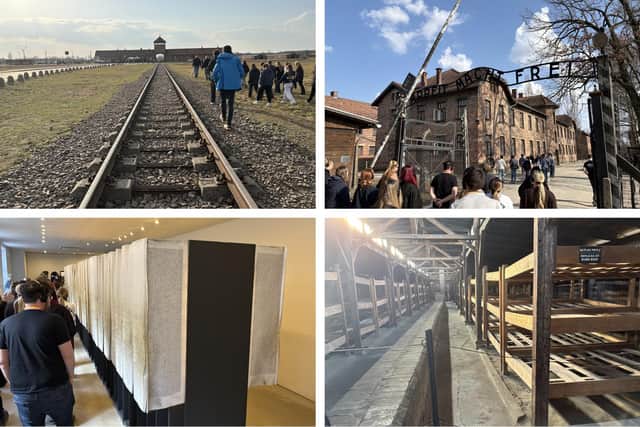 Photographs from Josh and Bradley's visit to Auschwitz, including the 'Arbeit Macht Frei' sign at the entrance to Auschwitz (meaning 'work sets you free') and the Book of Names, which carries the name of every known Holocaust victim.