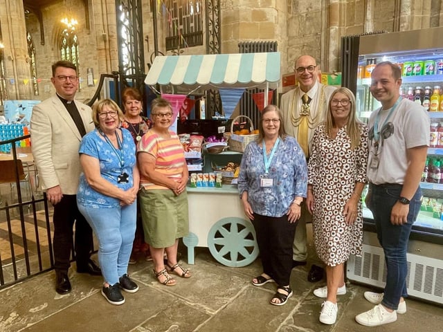 Pictured from left are Fr David Stephenson, Cllr Helen Staples, Mayoress Pamela Love, Jennifer Oglesbee, Administrator Jayne Maddy, The Worshipful the Mayor of Boston Cllr Barrie Pierpoint, Volunteer Manager Caz Harvey and Head Verger and Commercial Manager Adam Kelk.