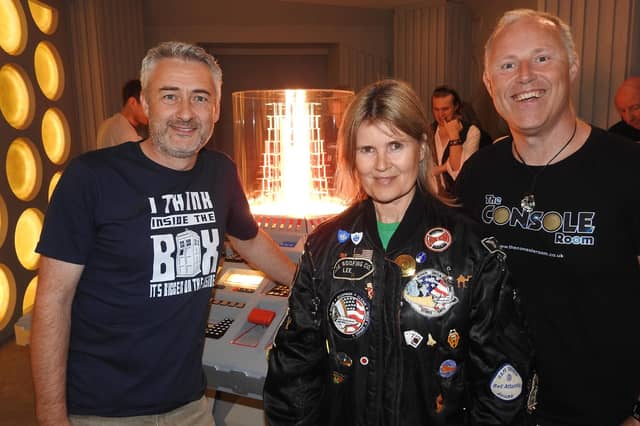 Actress Sophie Aldred with Simon and Brendan who created The Console Room.